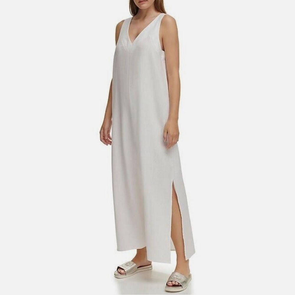 DKNY NWT Boho White Sleeveless Linen Blend V-Neck Maxi Dress XL